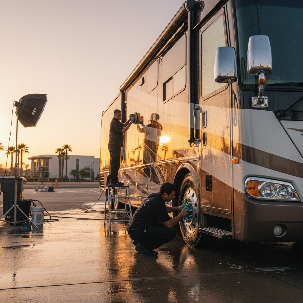 Luxury motorhome being professionally detailed and polished at sunset
